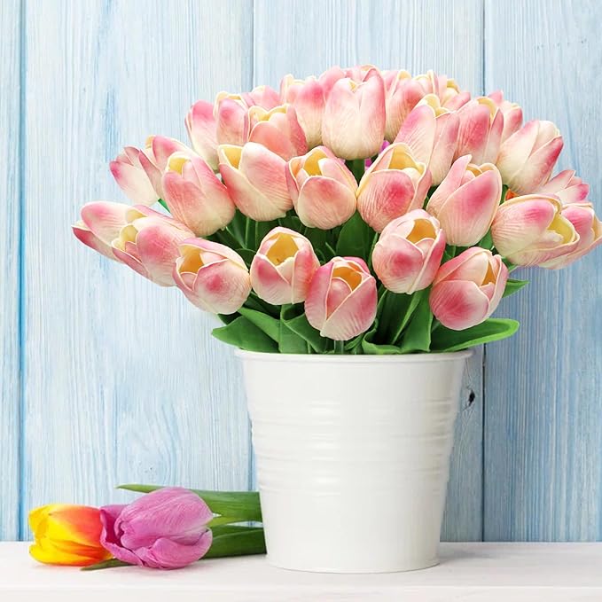 28pcs Pink Flowers Artificial Tulip Stems Real Feel PU Tulips for Easter Spring Wreath Wedding Bouquet Centerpiece Floral Arrangement Cemetery Table Décor 13" Tall