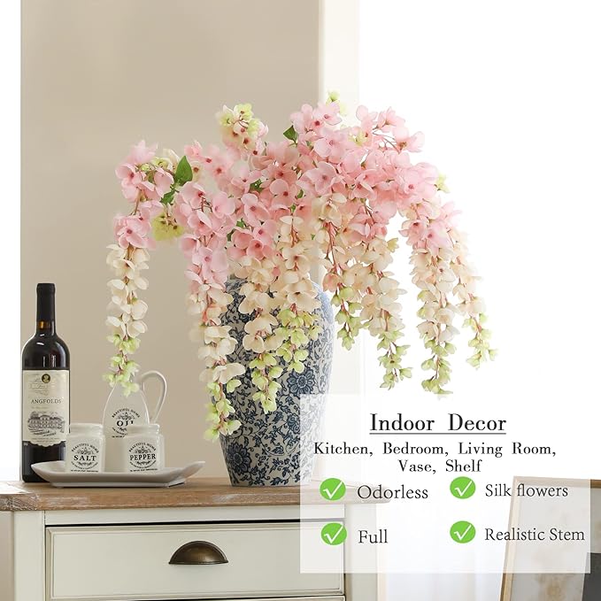 Dailisen 3 Strands 40'' Silk Blush Wisteria Artificial Flowers, Fake Wisteria Floral Hanging Plant Garland, for Home Decor, Party, Floor Vase, Balcony, Wedding Arrangement Decoration (Blush)