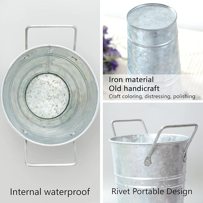 Galvanized Iron Rustic Vases, Water Leakage Proof Flower Bucket Pots ,Set of 4, Flower Arrangement Decoration and Household Decor Displayed in Flower Shops or Homes (9.03" H,4 Pieces)