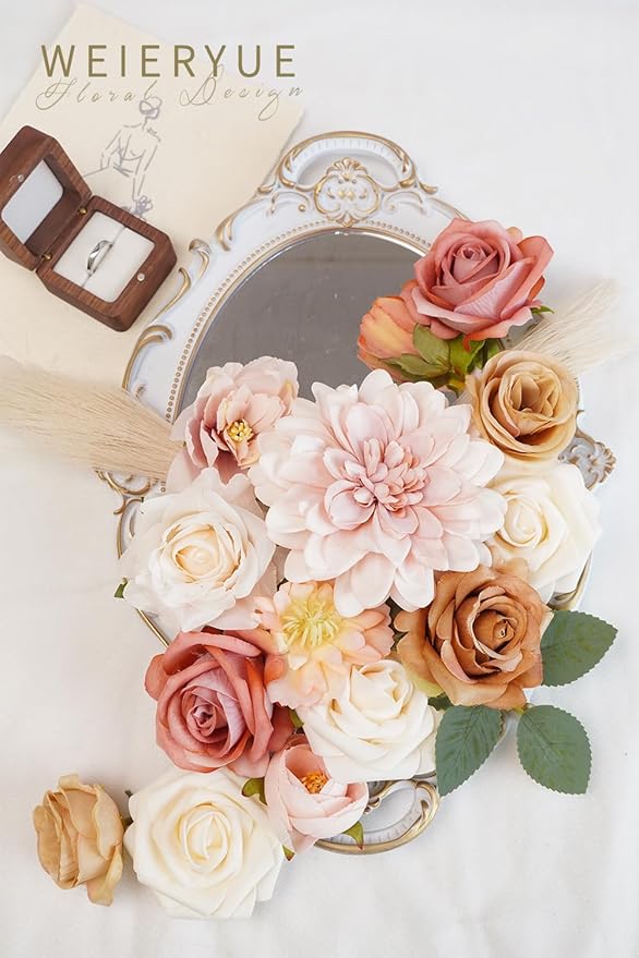 Champagne Artificial Flowers Combo Box Wedding Decor,Fake Flowers,Flowers for Decoration,Silk Flowers for Home Decor Indoor,Cake Flowers,Faux Flowers for Crafts