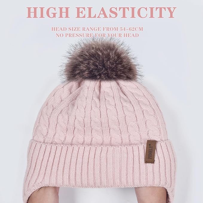 FENELY Women's Knitted Warm Beanie Winter Hat, Warm Chunky Snow Hat with Pompom