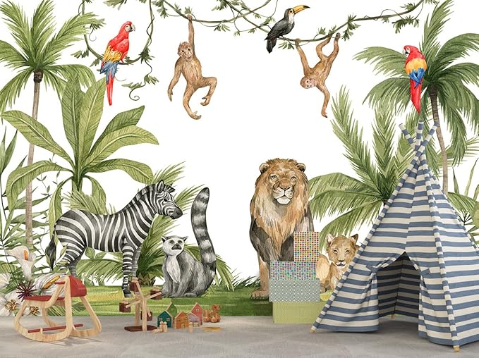 Tropical Rainforest Botanical Animal Floral Bird Wallpaper Woodland Forest Tree Leaf Nursery Kids Bedroom Plant murals Living Room Large Wall Mural - 183"x120" Not Peel and Stick