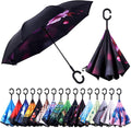 Inverted Umbrella, 49 Inch Double-Layer Vented Reverse Umbrella, Windproof Waterproof UV Protection, Lightweight C-Handle, Fiberglass Ribs, Steel Shaft, Travel/Commute/Car Use, With Sleeve