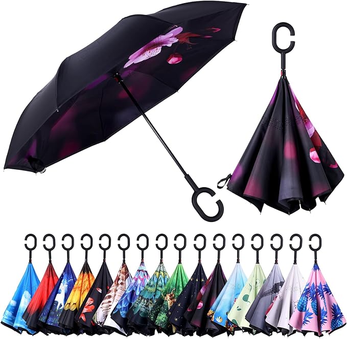 Inverted Umbrella, 49 Inch Double-Layer Vented Reverse Umbrella, Windproof Waterproof UV Protection, Lightweight C-Handle, Fiberglass Ribs, Steel Shaft, Travel/Commute/Car Use, With Sleeve
