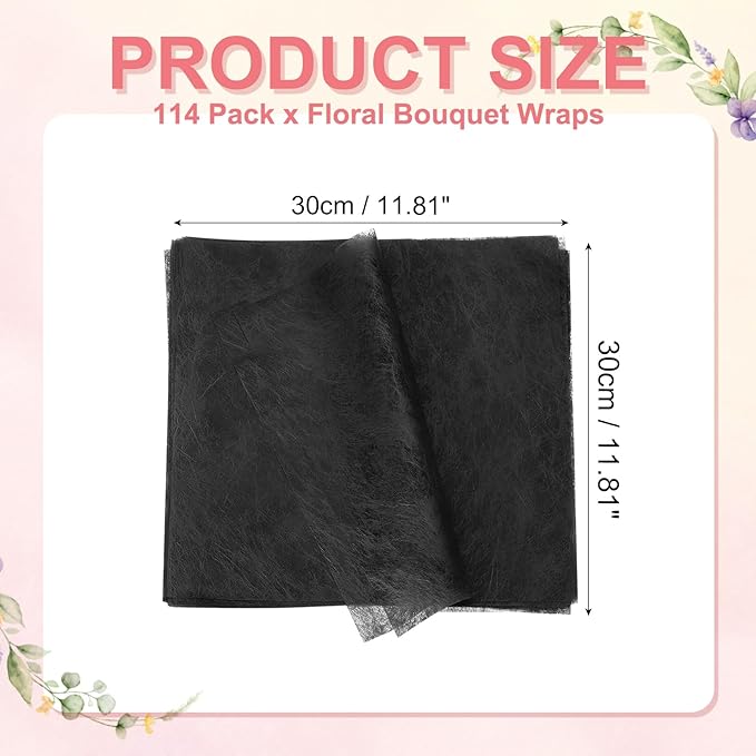 YELARXI Flower Wrapping Paper, Cotton Wrapping Flower Paper, Non-Woven Waterproof Floral Bouquet Wraps - Fitting for (Florist Supplies/Gift) 11.8 x 11.8 Inch & 114 Pack & Black