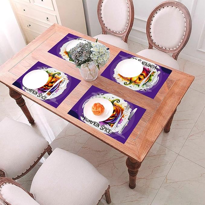 PVC Placemats Set of 4 Wipeable Table Mats Washable Heat Resistant Non Slip Vinyl Dining Table Mat for Kitchen Indoor Outdoor Patio Farmhouse Place Mats Funny Purple Halloween Pumpkin Decorative