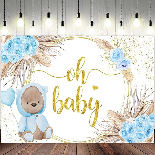 12x8ft Baby Shower Backdrop Oh Baby Photography Background Bear Blue Flowers Boho Leaves Heart Balloon Gold Dots Kid Birthday Party Banner Decorations Newborn Gender Reveal Photo Booth Prop