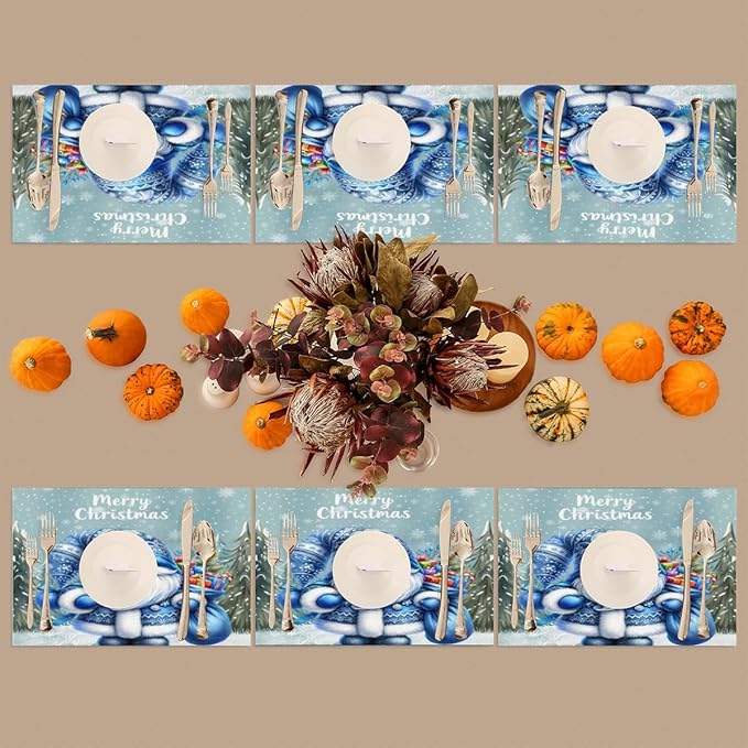 Xmas Christmas Gnomes Bule Snowflake Placemats Set of 4 PVC Vinyl Non Slip Table Mats Heat Resistant Place Mats Washable Wipeable Dining Table Mat for Kitchen Party Indoor Outdoor Decorative Gift