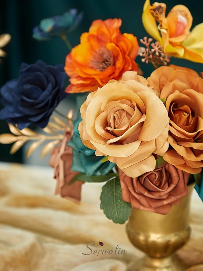 Serwalin Teal Burnt Orange Artificial Flowers, Fake Silk Cake Flowers for DIY Wedding Bridal Bouquet Centerpieces Floral Arrangement Decor Party Baby Shower Fall Home Decor