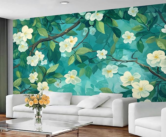 Jasmine Blossom Wall Mural, Elegant Floral Landscape 3D Wall Murals, Nature Turquoise Botanical Wallpaper Mural, for Living Room Bedroom Large Wallpaper Indoor Decor 197" W x124.8 H