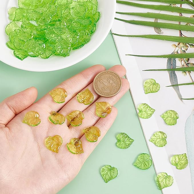 PH PandaHall 100pcs Green Flower Beads, Transparent Leaf Bead Charms, 15x15x2mm Frosted Leaves Pendants with 1.5mm Hole for DIY Earrings Pendants Bracelets Jewelry Making Spring Crafts Decor