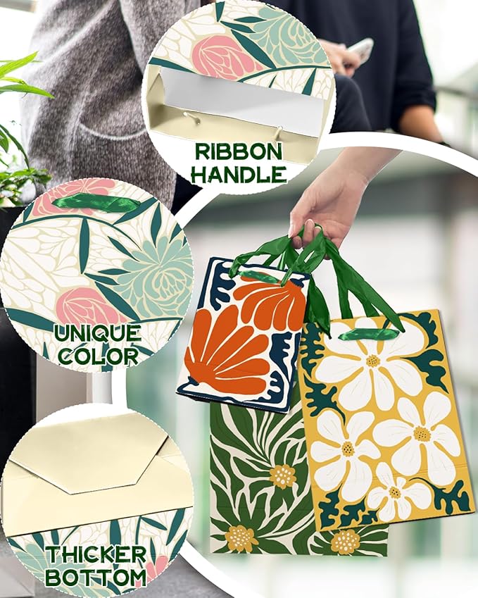 qiqee Clash Flowers Gift Bags with Tissue Paper Mulit Assorted Sizes 10PCS Present Party Favor Birthday Bags(2pcs Large 13", 4pcs Medium 9", 4pcs Small 6"，30pcs Tissue Paper)