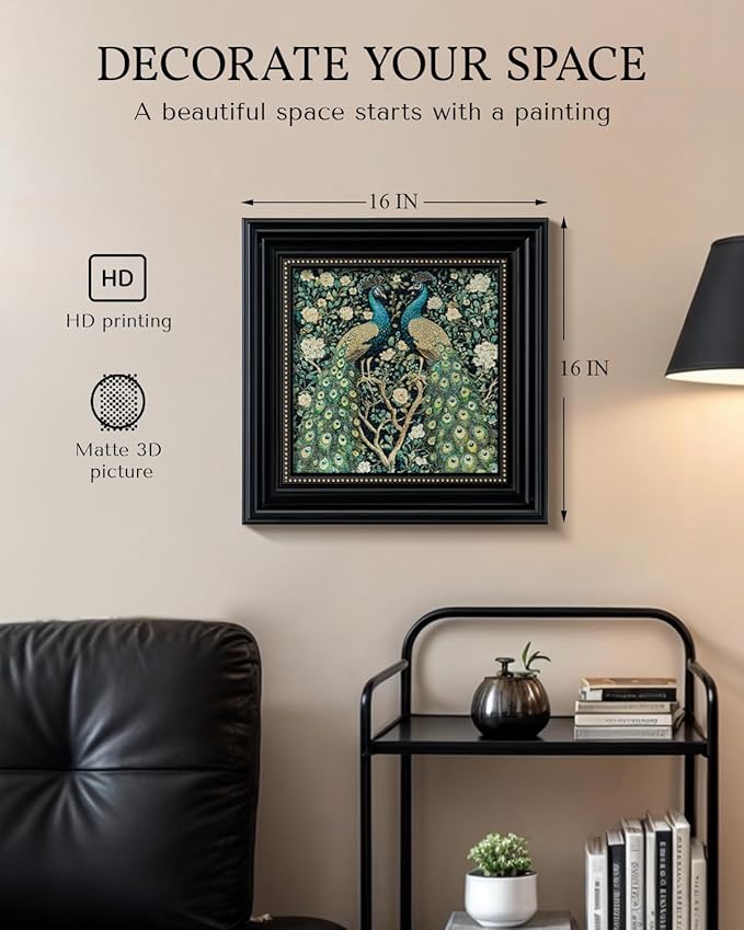 3D Textured Framed Peacock Wall Art 16x16 Vintage Floral Botanical Decor Sandstone Surface, Victorian Antique Bird Painting Black Frame Gold Dot Accents, Classic Peacock Artwork Home Shop Decor