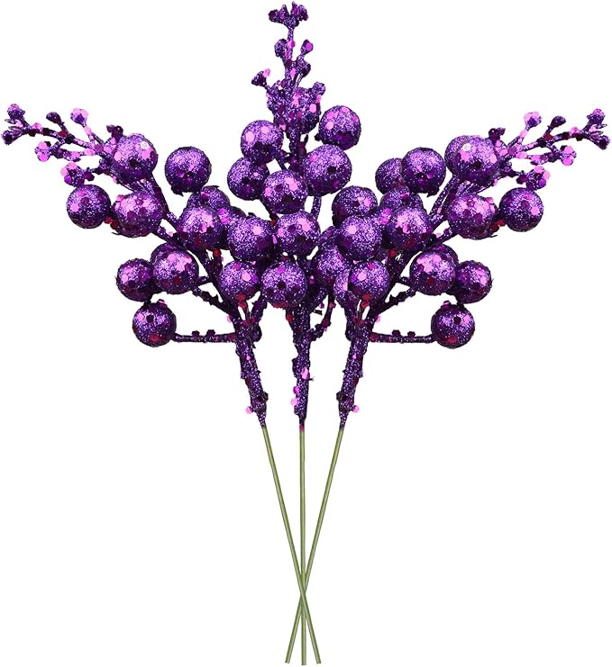 Lvydec 16pcs Christmas Glitter Berry Stems, 7.8" Artificial Christmas Picks for Christmas Tree Ornaments, DIY Xmas Wreath, Crafts, Holiday and Home Decor (Dark Purple)