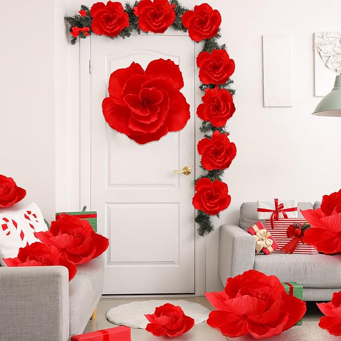 Giant Paper Flowers Artificial Large Paper Flower Decoration for Handcrafted Wall Backdrop Christmas Mexican Wedding Graduation Bridal Shower Birthday Party Supplies(Red,24 Pcs)