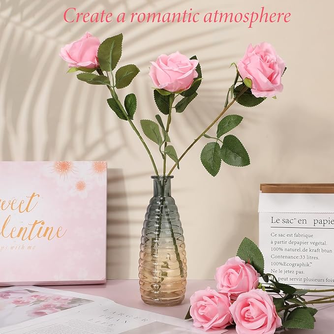 Hotop 20 Pcs Artificial Rose Flowers with Long Stem,Real Touch Silk Realistic Plastic Bouquet Roses Bulk for Home Decor Bridal Wedding Party Table Centerpieces Decorations(Pink)