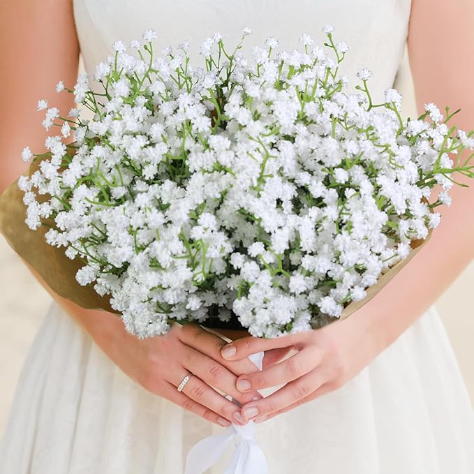 12 Pack Real Touch Artificial Baby's Breath Flowers - 21" Bendable Stems for Wedding Bouquets, Home Centerpieces & Outdoor Decor (Waterproof, Dustproof, White)