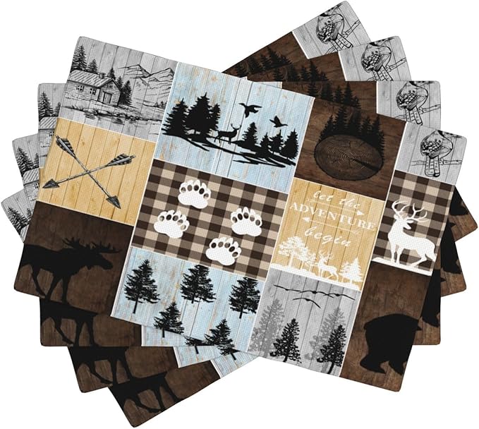 Rustic Lodge Bear Deer Placemats 4 Pcs,Vintage Cabin Pine Cone Plaid Place Mats,Linen Dining Table Mats Home Kitchen Decor, 18 X 12 Inch 4 PCS, Style-22