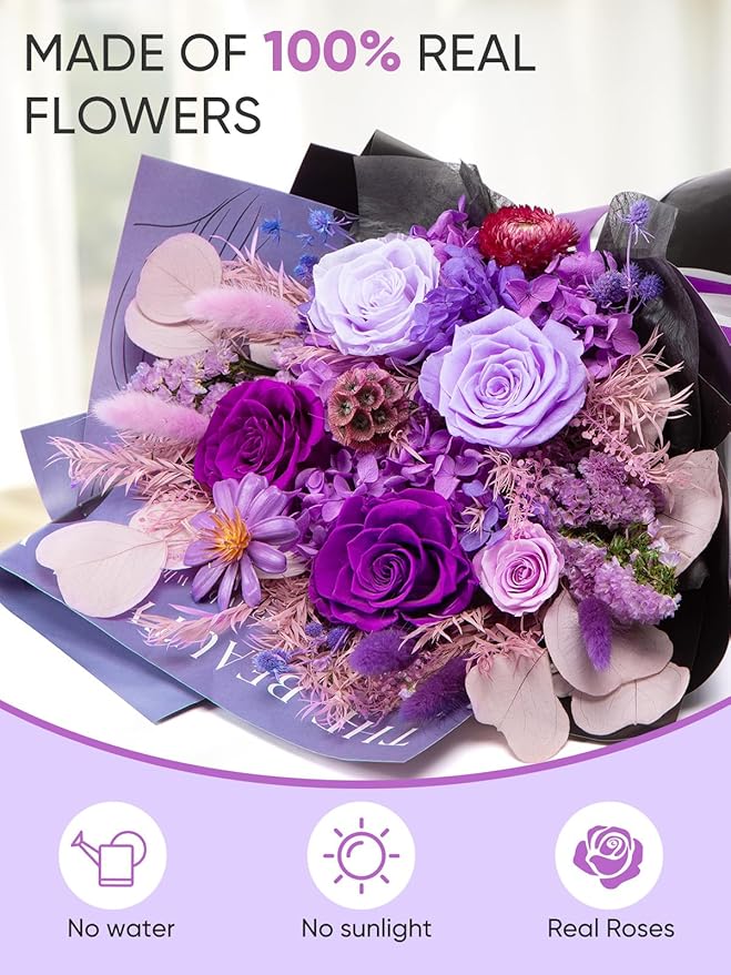 Flowers for Delivery Preserved Flower Fresh Bouquet Forever Flowers Birthday Gifts for Women Mom Anniversary Purple Real Rose Gifts for Grandma Sister Wife Her from Daughter Home Wedding Decor