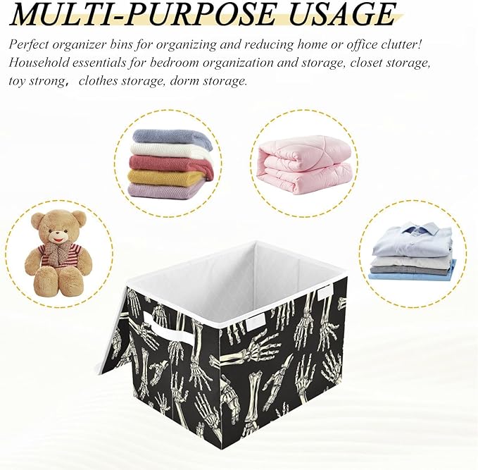 Halloween Baskets Collapsible Storage Bins with Lids, Skeleton Hands Halloween Storage Boxes Clothes Baskets for Organizing