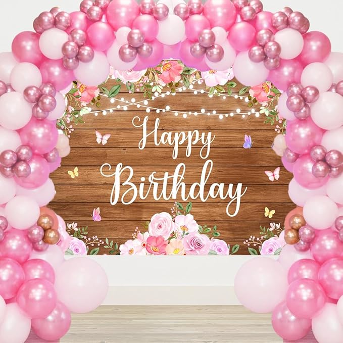 Happy Birthday Banner Rustic Wooden Butterfly Happy Birthday Backdrop for Women Girls Pink Floral Glitter Lights Decorations for Women's Party Adult Celebration Photography Background 5.9x3.6Ft