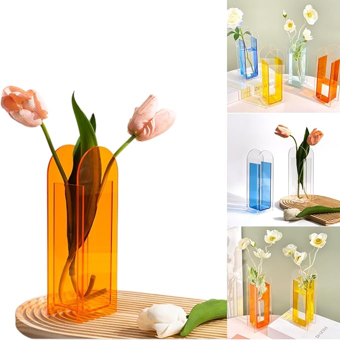 Acrylic Vase for Home Decor, Full-Transparent Vibrant Orange Arch Vase, Modern Centerpiece Acrylic Flower Vase for Living Room or Table Décor, Minimalist Home Decoration (Orange)