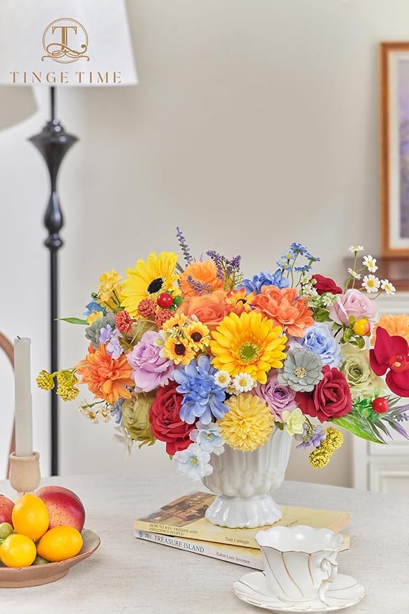 TINGE TIME Fake Flowers Artificial Flowers Peonies Bulbous Chrysanthemum Daisy Hydrangea Sunflower Violets Dahlia Daffodils Epiphyllum Orchid Cherry Blossom Camellia Leyaron (Rainbow Colorful)