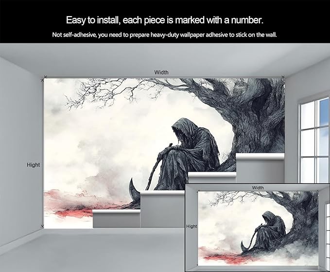 Grim Reaper Sitting Tree Wall Mural, Gothic Death 3D Wall Murals, Gothic Halloween Themed Wallpaper Mural, for Living Room Bedroom Large Wallpaper Indoor Decor 157.5" W x110.3 H