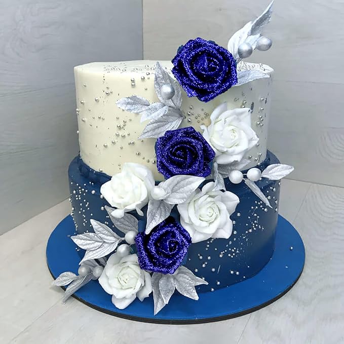 IPOPU Foam Roses,50pcs Royal Blue Glitter Roses Glitter Flowers Foam Flowers with Stem for DIY Wedding Bridal Bouquet Home Party Decoration(Royal Blue)