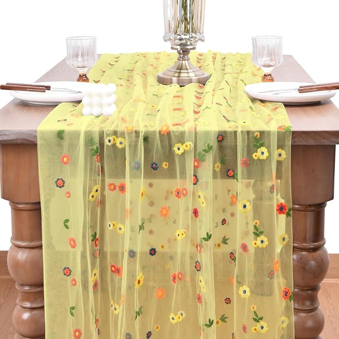 Joanlody Yellow Embroidery Daisy Christmas Table Runner Florals Seasonal Tulle Table Runner Holiday Kitchen Dining Table Decoration Wedding Party