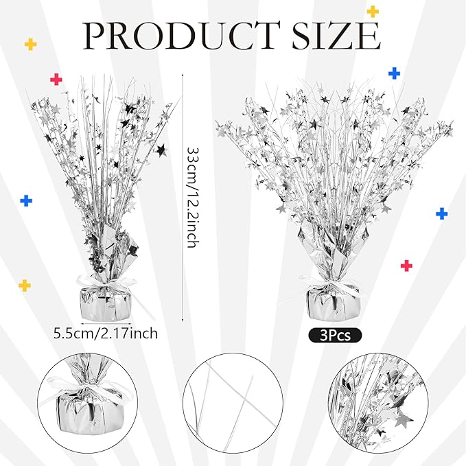 Crowye 3 Pieces Metallic Foil Spray Centerpiece Christmas Party Star Table Decoration Burst Centerpieces Fall Table Decor for Birthday New Year 2026 Party Holiday(Silver)