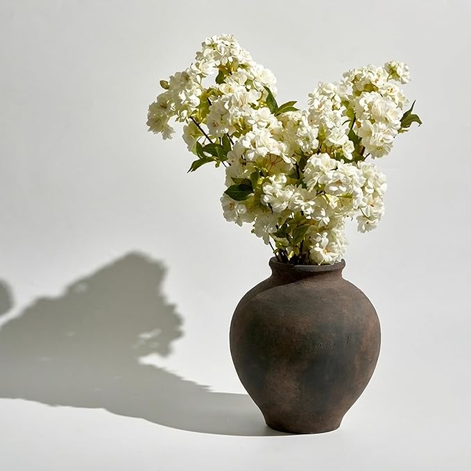 LB2 White Ceramic Large Vase, 11.8" Tall Zen Style vase, Terra Cotta Pitcher Vase, Distressed Farmhouse Decor, Pottery Decorative Flower for Home Decor (C - Brown 11.8")