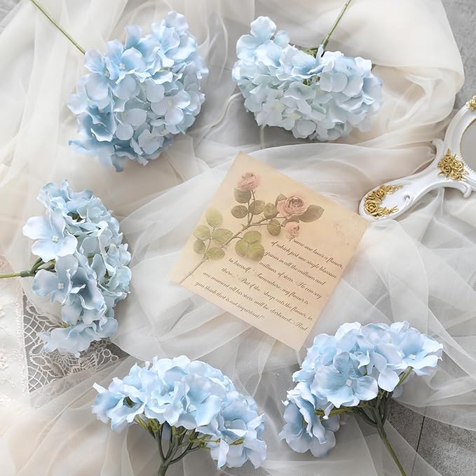 Tifuly Hydrangea Artificial Flowers -12 pcs Realistic Fake Hydrangeas Silk Flowers with Stems Faux Hydrangea Flowers Heads for Office Home Party Wedding Centerpiece DIY Floral Decor (Light Blue)