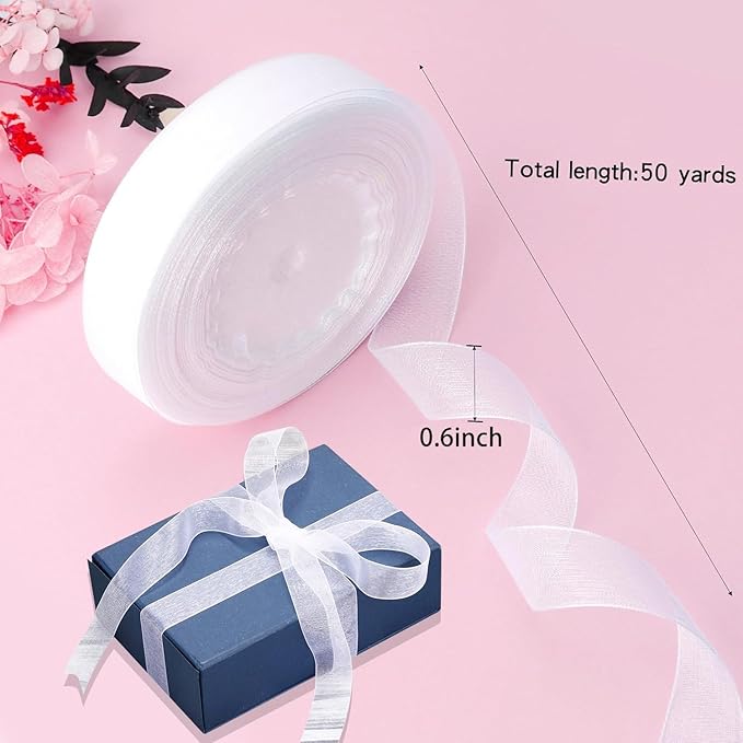 Cftone 4 Yards Pearl Edge Flower Wrapping Mesh Paper with 3/5 inch Organza Ribbon 50 Yard Gift Wrap Ribbon, Bouquet Transparent Mesh Wrapping Paper for Mother's Day Valentine's Day Wedding Graduation Birthday Gift (White with 50 Yard White Ribbon)