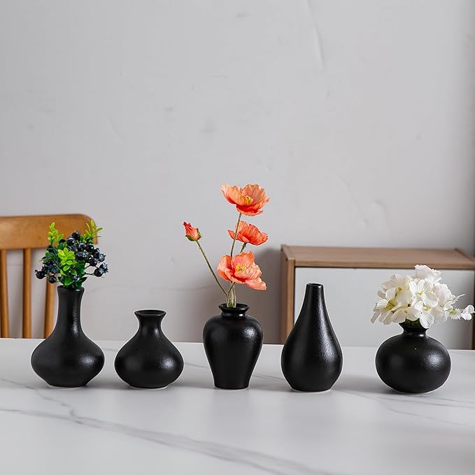 Black Ceramic Bud Vase Set of 5, Mini Vases for Flowers, Decorative Small Vases for Home Decor, Boho Wedding Centerpieces, Living Room, Dining Table & Shelf Decor