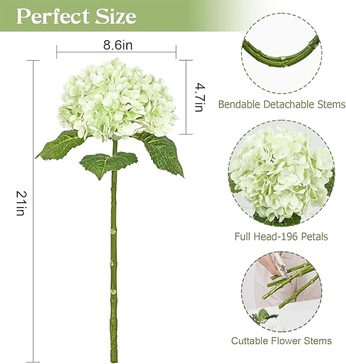 Waipfaru 21" Real Touch Hydrangea Artificial Flowers with Long Stem & Leaves, Full Latex Faux Hydrangea Flowers for Home Decor Party Floral Arrangements Wedding Bouquets Centerpieces, Green 3Pcs