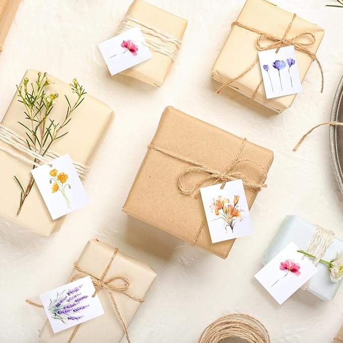 50 Set Floral Blank Gift Tags with String, 2 x 3 in Watercolor Floral Xmas Gift Paper Tags Hanging Label Set for 5 Flower Designs for Bridal Baby Shower Xmas Party Favor Decor Supplies
