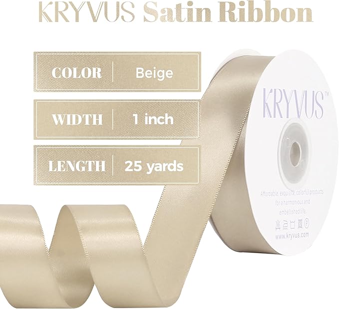 Beige Satin Ribbon, Double Faced 1 Inch X 25 Yards Beige Ribbon, Premium Satin Ribbon for Gift Wrapping, Crafts, Hair Bow Making, Sewing, Flower Bouquet, Wedding Party Decor