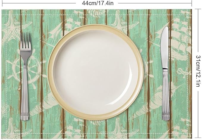 Nautical Theme Placemats Rustic Retro Wooden Board Anchor Starfish Shells Art Printed Dining Table Mats Set of 4 for Restaurant Home Kitchen Holiday Decor 12x18in
