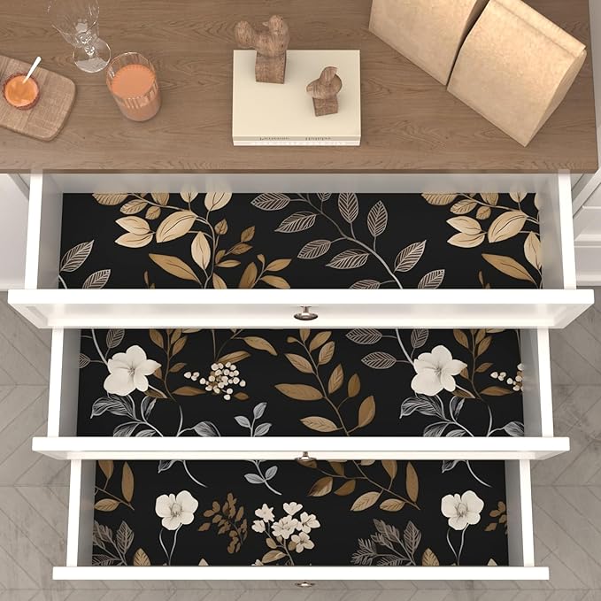 Vintage Wallpaper Peel and Stick Black Floral Wall paper 17.5'' x 393'' Gold Leaf Contact Paper Waterproof Self Adhesive Removable Modern Boho Walls Murals for Bedroom Cabinets Kitchen Locker Drawer