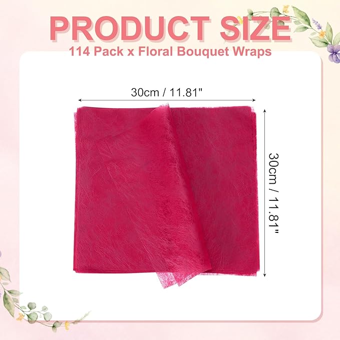 YELARXI Flower Wrapping Paper, Cotton Wrapping Flower Paper, Non-Woven Waterproof Floral Bouquet Wraps - Fitting for (Florist Supplies/Gift) 11.8 x 11.8 Inch & 114 Pack & Dark Pink