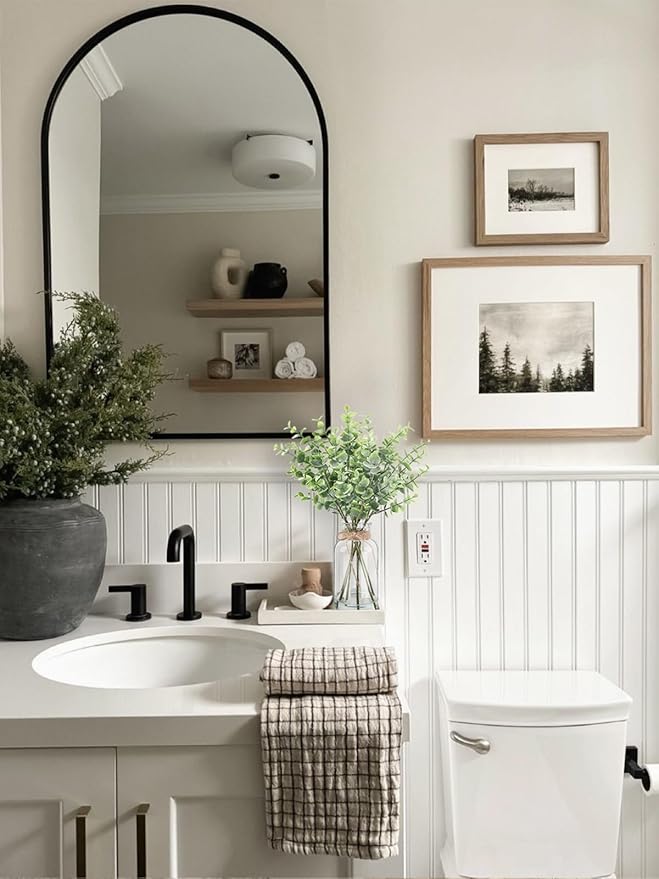 Artificial Eucalyptus Stems in Glass Vase with Faux Water, 14.57" Small Fake Plants Eucalyptus Leaves for Centerpiece Table Bathroom Farmhouse Shelf Kitchen Office Home Faux Greenery Decor