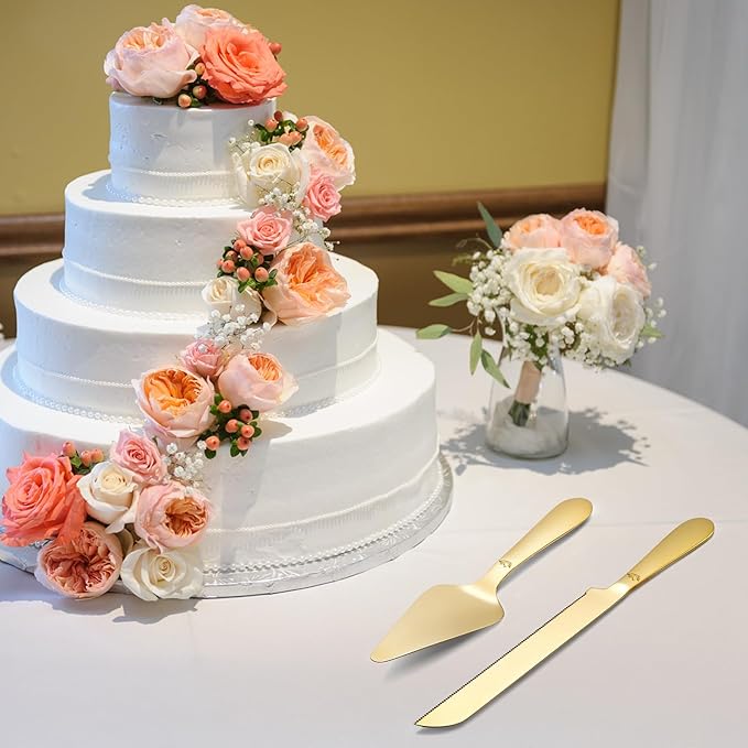 Cake Cutting Set for Wedding - Extended Cake Knife and Server Set Thickened Stainless Steel 13.0" Cake Cutter 10.49" Pie Spatula Great for Birthday Anniversary Christmas Gift 2 Pcs Gold
