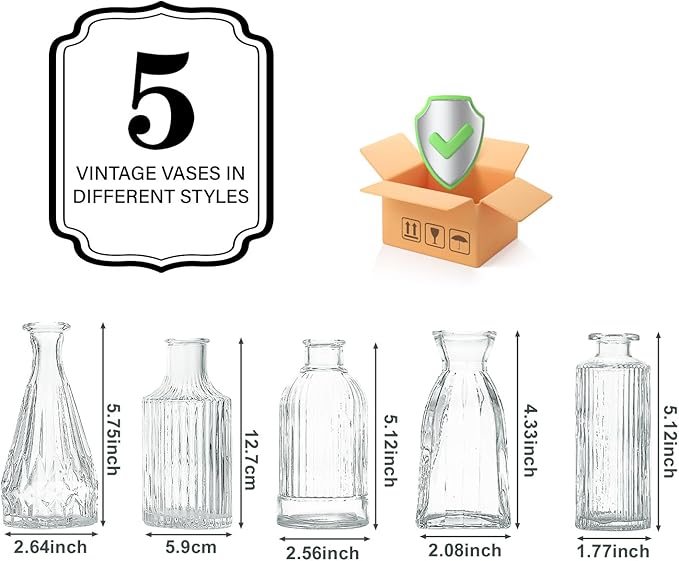 Glass Bud Vase Set of 5, Mini Clear Bud Vase for Centerpieces in Bulk, Small Vintage Flower Vases for Weddings Parties Home Table Decorative