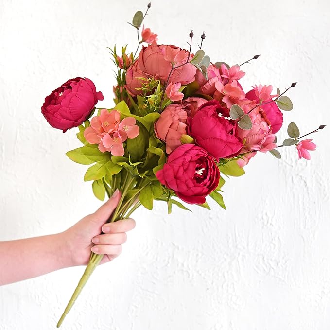FiveSeasonStuff Vintage Artificial Peonies Silk Flowers and Hydrangeas for Wedding Bridal Home Décor – Beautiful Floral Centerpiece Arrangement Decoration with 2 Bouquets (Country Barn Red)