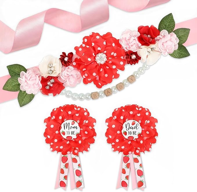 INSYOHO Strawberry Baby Shower Decorations - Adjustable Berry Sweet Theme Maternity Belt with Strawberry Shortcake Baby Shower Decorations, Gender Reveal Party Supplies for Mom to Be