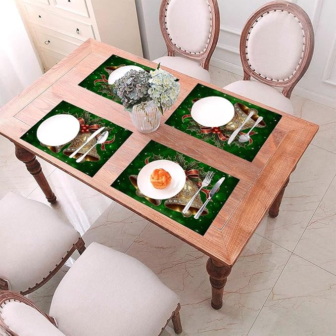PVC Placemats Set of 4 Wipeable Table Mats Washable Heat Resistant Non Slip Vinyl Dining Table Mat for Kitchen Indoor Outdoor Patio Farmhouse Place Mats Green Christmas Bell Decorative