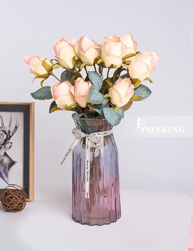 Rose Artificial Flower Buds 12pcs Realistic Faux Silk Roses Fake Flowers Bouquets Arrangements Decor for Wedding Spring Mother's Day, Home Table Decorations, Yellow Flower