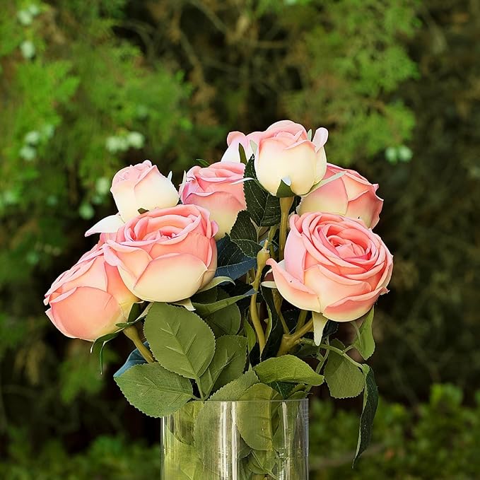 ENOVA FLORAL 9 Heads Silk Rose Artificial Flowers in Vase,Faux Rose Flowers Arrangement in Vase with Faux Water for Table Decor Centerpieces (Dark Pink)
