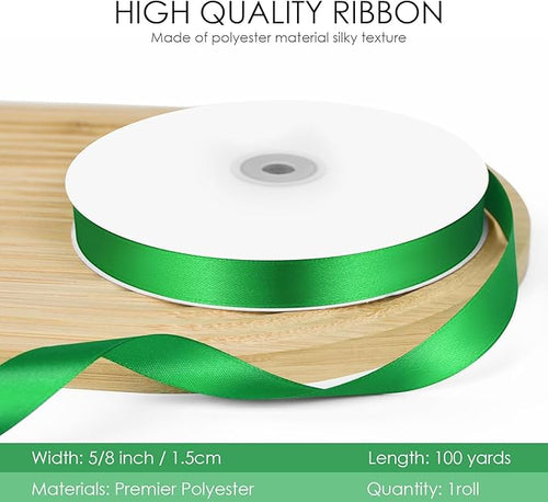 100 Yards 5/8 inch Satin Ribbon, Fabric Ribbon Solid Color Perfect for Gift Wrapping, Wedding, Handmade Bows, Floral Bouquets and Party Decoration(Green)